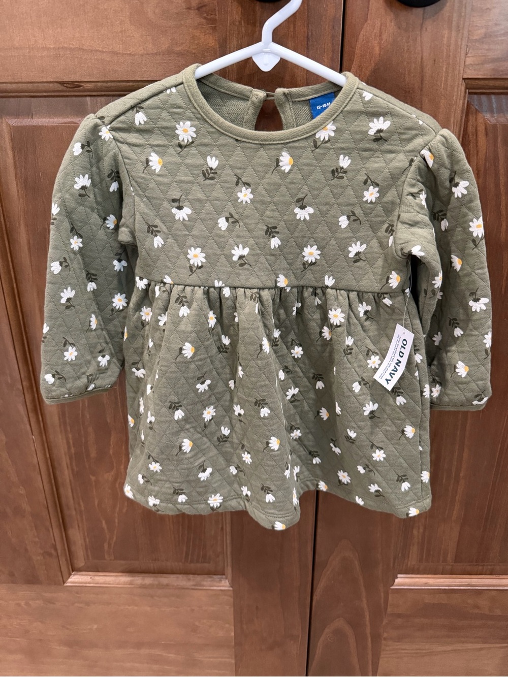 Old Navy Baby Girls Olive Floral Quilted Long Sleeve Dress, 12-18 months, NWT